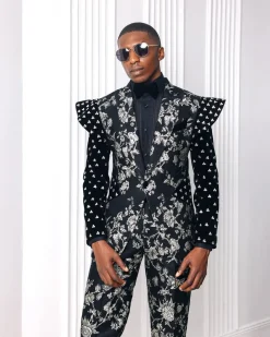 A “Vegas 2”, Floral pattern jacquard, Elevated shoulder and sleeve with Swarovski details peak Lapel tux suit