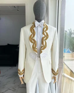 A “Vegas” Monochrome Ivory White Shawl Lapel Tuxedo Suit