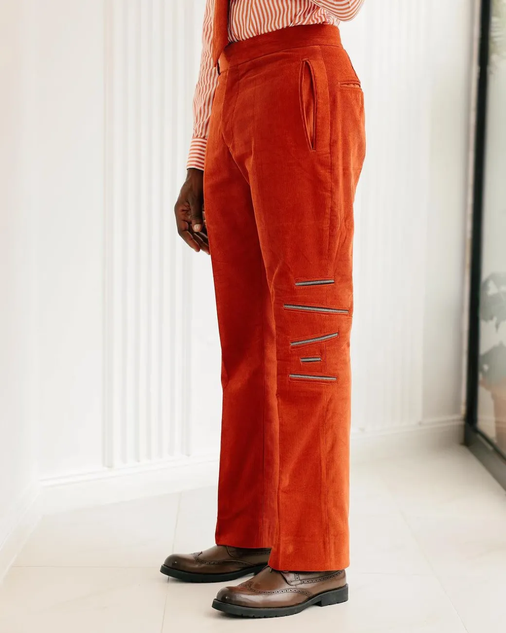 A Vermilion Orange Corduroy, Zip-Line Detailing, Boot-Cut Pant Trousers