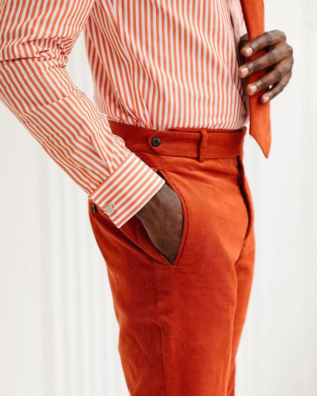 A Vermilion Orange Corduroy, Zip-Line Detailing, Boot-Cut Pant Trousers