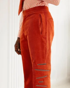 A Vermilion Orange Corduroy, Zip-Line Detailing, Boot-Cut Pant Trousers