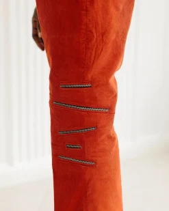 A Vermilion Orange Corduroy, Zip-Line Detailing, Boot-Cut Pant Trousers