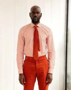 A Vermillion Orange And ivory Stripe, English Spread Collar Business Shirt