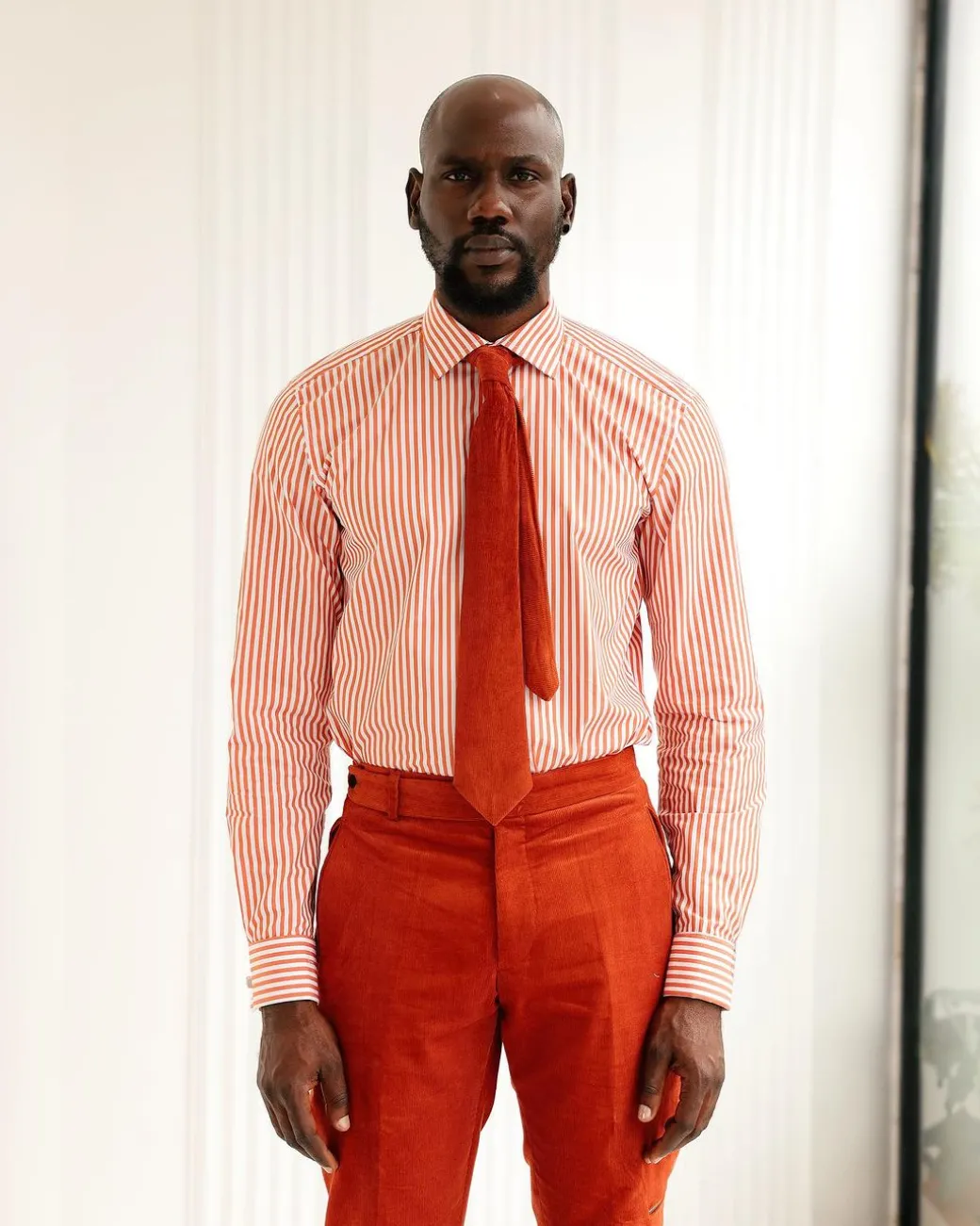 A Vermillion Orange And ivory Stripe, English Spread Collar Business Shirt