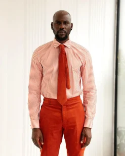 A Vermillion Orange And ivory Stripe, English Spread Collar Business Shirt