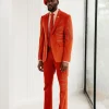 A Vermillion Orange Corduroy Notch Lapel With Gold Zipping Details Suit