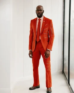 A Vermillion Orange Corduroy Notch Lapel With Gold Zipping Details Suit
