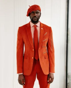 A Vermillion Orange Corduroy Notch Lapel With Gold Zipping Details Suit