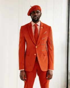A Vermillion Orange Corduroy Notch Lapel With Gold Zipping Details Suit