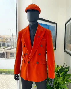 A vermillion Orange, soaked Italian velvet, double breasted, Lower Cut suit