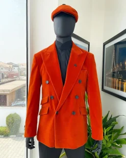 A vermillion Orange, soaked Italian velvet, double breasted, Lower Cut suit