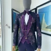 A “Vicar” Eggplant purple with a splash of gold floral metallic jacquard tuxedo suit