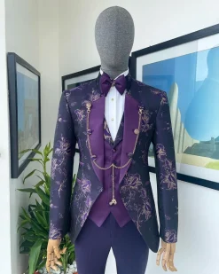 A “Vicar” Eggplant purple with a splash of gold floral metallic jacquard tuxedo suit