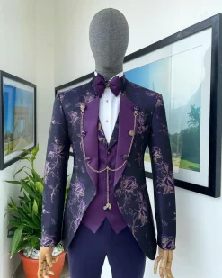A “Vicar” Eggplant purple with a splash of gold floral metallic jacquard tuxedo suit