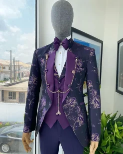A “Vicar” Eggplant purple with a splash of gold floral metallic jacquard tuxedo suit
