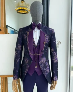 A “Vicar” Eggplant purple with a splash of gold floral metallic jacquard tuxedo suit