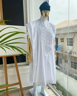 A voil jacquard cocaine white with an aligned square pattern design Agbada