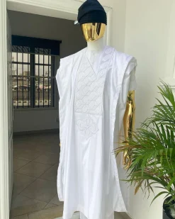 A voil jacquard cocaine white with an aligned square pattern design Agbada