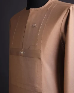 A walnut brown, rectangular front layered embroidery, long sleeve African senator kaftan native.