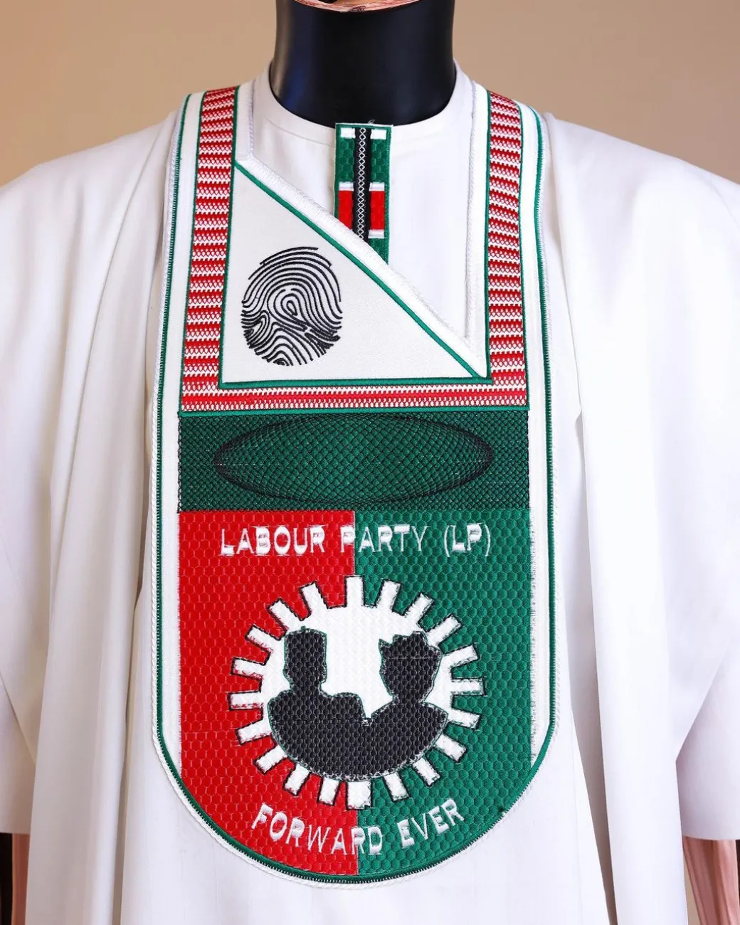 A White , LP(Labour Party) Pattern Embroidery Agbada