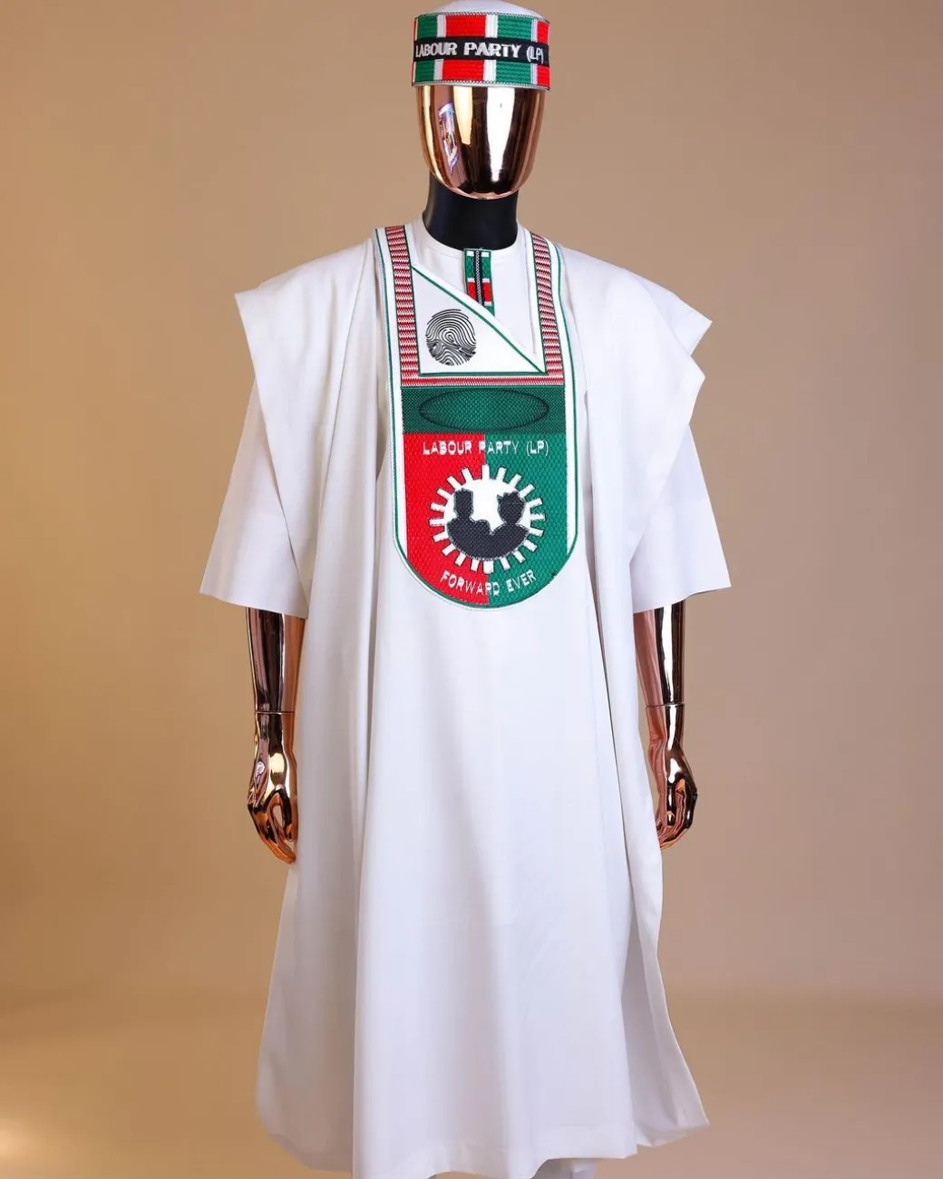 A White , LP(Labour Party) Pattern Embroidery Agbada