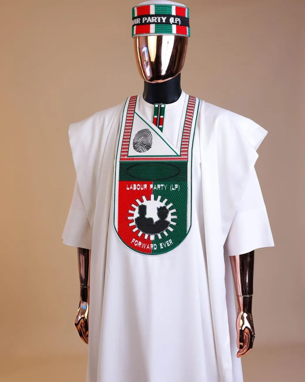A White , LP(Labour Party) Pattern Embroidery Agbada