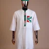 A white , PDP (People Democratic Party) pattern embroidery, 3/4 sleeve African senator kaftan native.