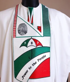 A White , PDP (People Democratic Party) pattern embroidery agbada