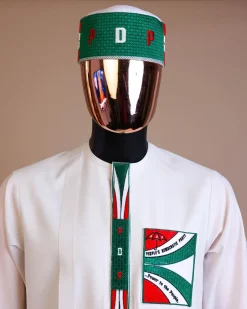 A white , PDP (People Democratic Party) pattern embroidery, 3/4 sleeve African senator kaftan native.