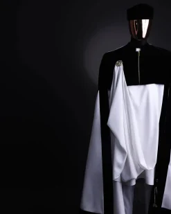 A white & black tragbada, zipline cape, long sleeve African senator kaftan native, Open cut Hat & sokoto