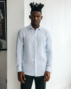 A White & Sky Blue Pencil Stripe Linen Casual Shirt.