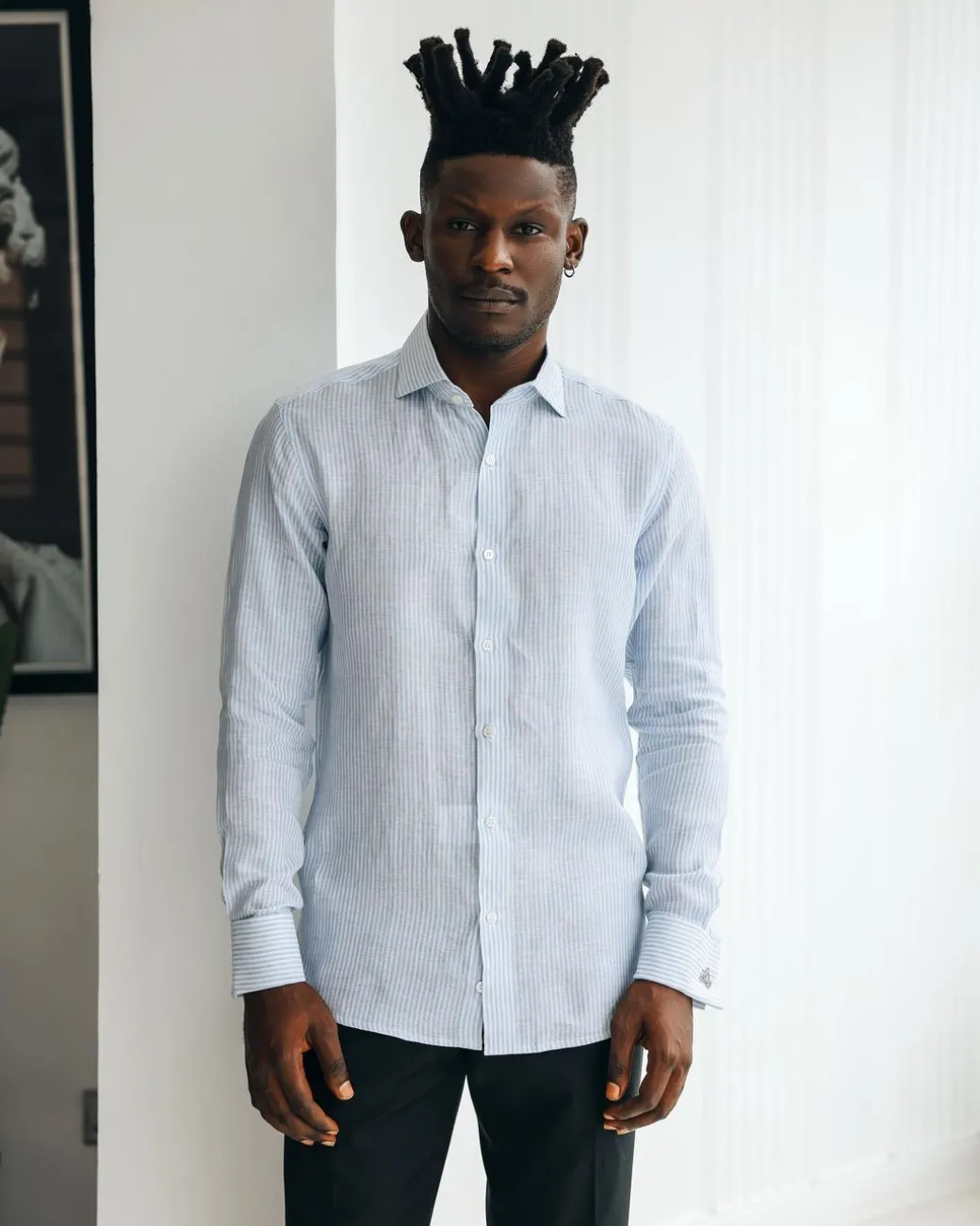 A White & Sky Blue Pencil Stripe Linen Casual Shirt.