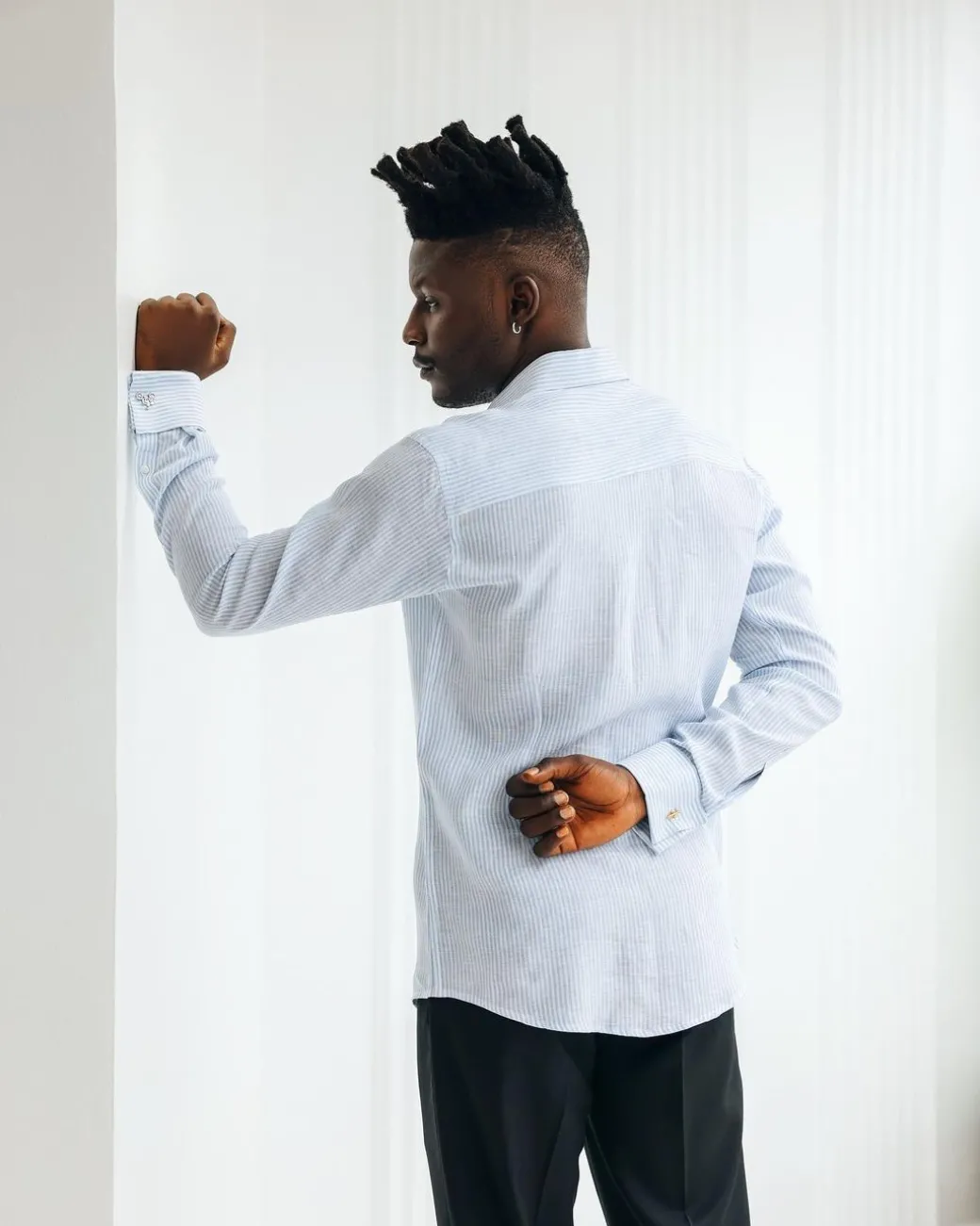 A White & Sky Blue Pencil Stripe Linen Casual Shirt.
