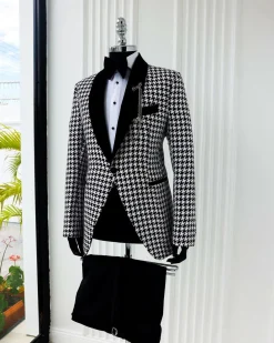 A White and black houndstooth, velvet shawl lapel tuxedo suit