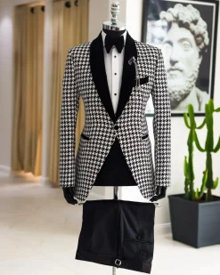 A White and black houndstooth, velvet shawl lapel tuxedo suit