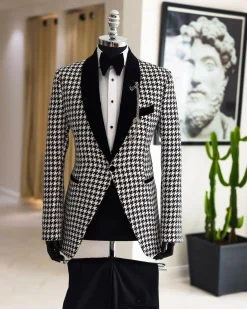 A White and black houndstooth, velvet shawl lapel tuxedo suit
