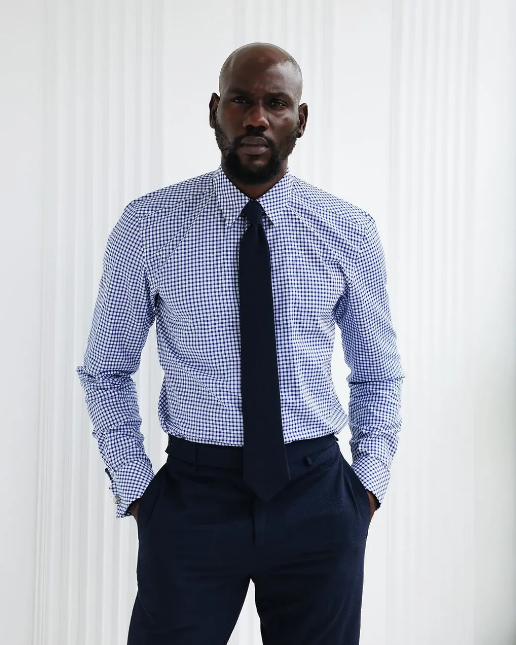 A White and Blue Check, English Spread Collar Business Shirt.