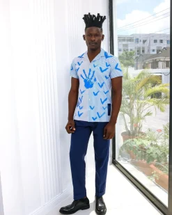 A White And Blue Mixed Hand Pattern Paint Stripe Shirt.