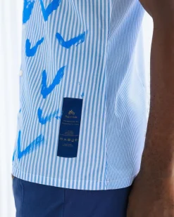 A White And Blue Mixed Hand Pattern Paint Stripe Shirt.
