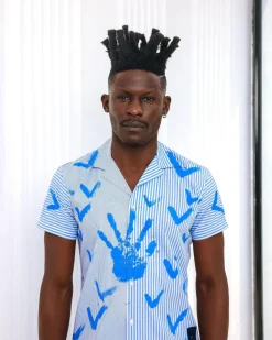 A White And Blue Mixed Hand Pattern Paint Stripe Shirt.