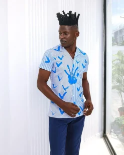 A White And Blue Mixed Hand Pattern Paint Stripe Shirt.