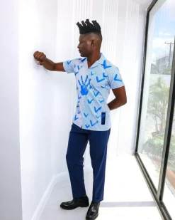 A White And Blue Mixed Hand Pattern Paint Stripe Shirt.