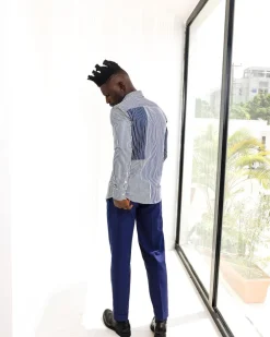 A White And Blue Mixed Stripe Shirt.