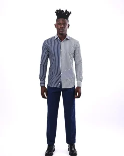A White And Blue Mixed Stripe Shirt.