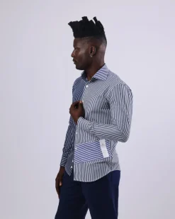 A White And Blue Mixed Stripe Shirt.
