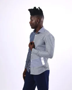 A White And Blue Mixed Stripe Shirt.