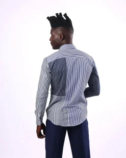 A White And Blue Mixed Stripe Shirt.