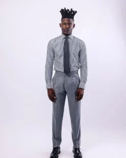 A White and blue stripe, cut-away collar business shirt.