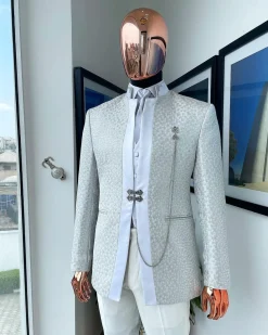 A White and Silver Metallic circle pattern jacquard Suit
