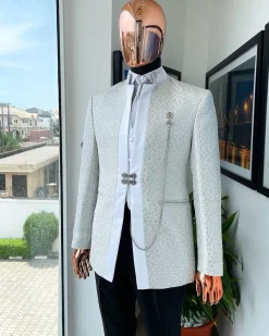 A White and Silver Metallic circle pattern jacquard Suit